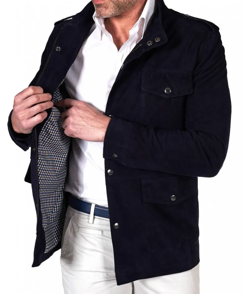Uomo D'Arienzo Axel - Sahariana camoscio blu uomo con tasche applicate