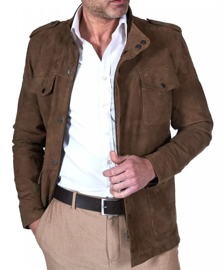 Uomo D'Arienzo Axel - Sahariana camoscio color fango uomo con tasche applicate