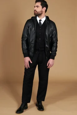 Uomo D'Arienzo Biancolino - Giacca bomber in pelle nera con cappuccio nappa effetto liscio