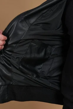 Uomo D'Arienzo Biancolino - Giacca bomber in pelle nera con cappuccio nappa effetto liscio
