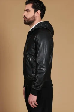Uomo D'Arienzo Biancolino - Giacca bomber in pelle nera con cappuccio nappa effetto liscio