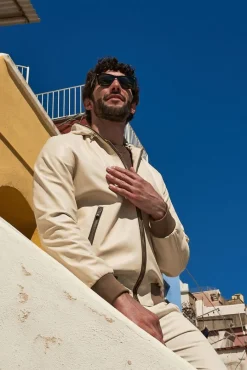 Uomo D'Arienzo Biancolino - Giacca bomber in pelle color crema con cappuccio