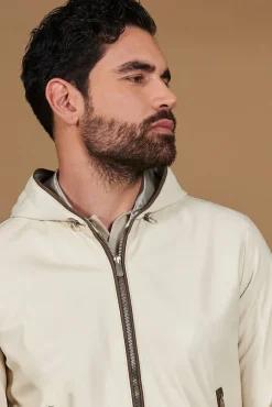 Uomo D'Arienzo Biancolino - Giacca bomber in pelle color crema con cappuccio