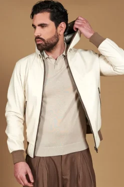 Uomo D'Arienzo Biancolino - Giacca bomber in pelle color crema con cappuccio