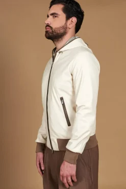 Uomo D'Arienzo Biancolino - Giacca bomber in pelle color crema con cappuccio
