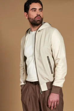 Uomo D'Arienzo Biancolino - Giacca bomber in pelle traforata color crema con cappuccio