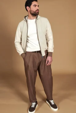 Uomo D'Arienzo Biancolino - Giacca bomber in pelle traforata color crema con cappuccio
