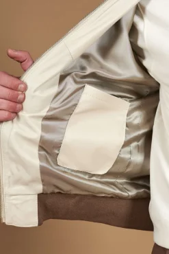 Uomo D'Arienzo Biancolino - Giacca bomber in pelle traforata color crema con cappuccio