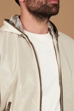 Uomo D'Arienzo Biancolino - Giacca bomber in pelle traforata color crema con cappuccio