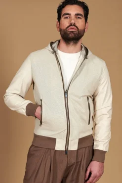 Uomo D'Arienzo Biancolino - Giacca bomber in pelle traforata color crema con cappuccio