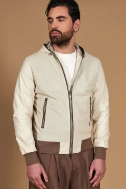 Uomo D'Arienzo Biancolino - Giacca bomber in pelle traforata color crema con cappuccio