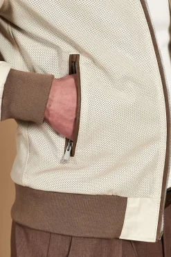 Uomo D'Arienzo Biancolino - Giacca bomber in pelle traforata color crema con cappuccio