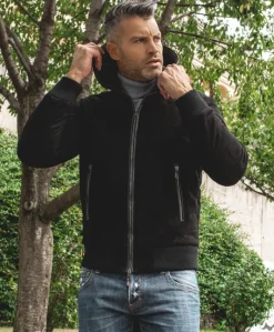 Uomo D'Arienzo Biancolino - Giubbotto Bomber in pelle scamosciata nera con cappuccio