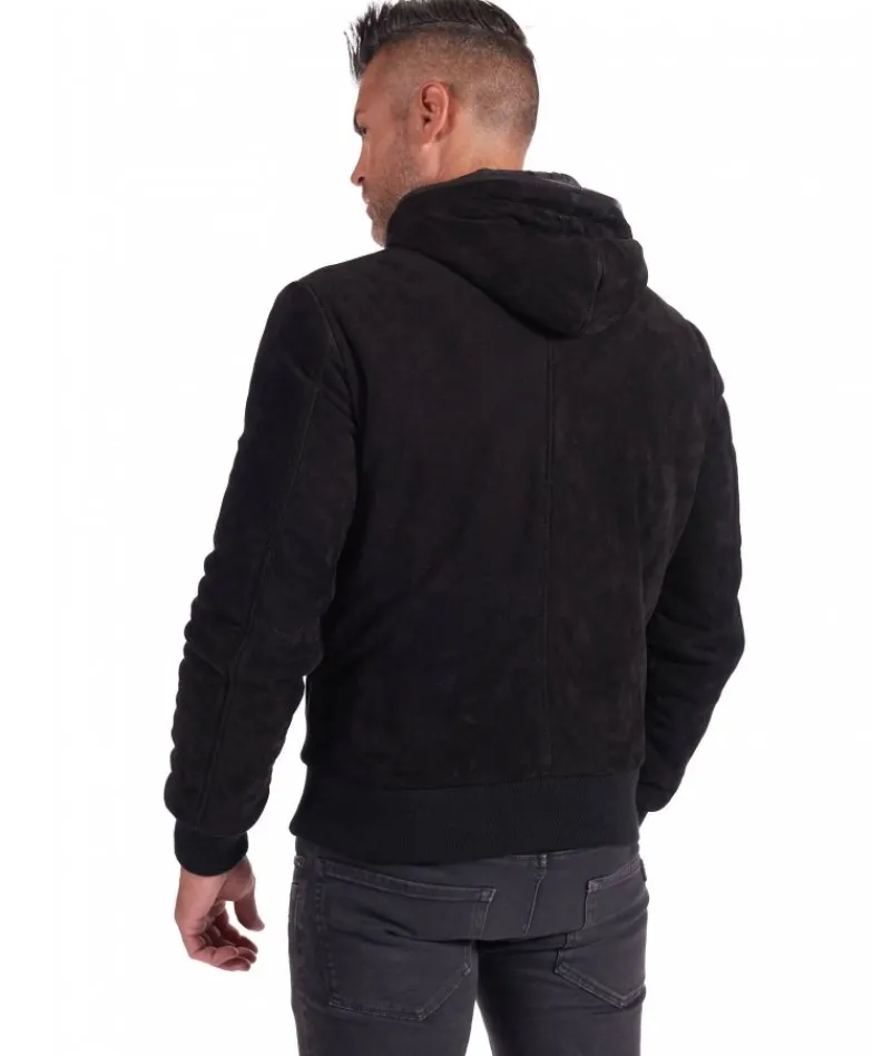 Uomo D'Arienzo Biancolino - Giubbotto Bomber in pelle scamosciata nera con cappuccio