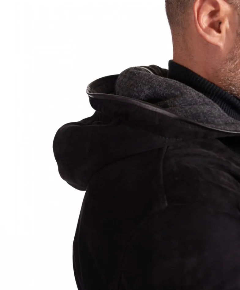 Uomo D'Arienzo Biancolino - Giubbotto Bomber in pelle scamosciata nera con cappuccio