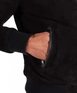Uomo D'Arienzo Biancolino - Giubbotto Bomber in pelle scamosciata nera con cappuccio