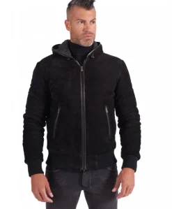 Uomo D'Arienzo Biancolino - Giubbotto Bomber in pelle scamosciata nera con cappuccio