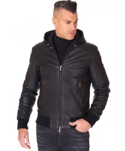 Uomo D'Arienzo Biancolino - Giubbotto Bomber in pelle nera con cappuccio effetto liscio