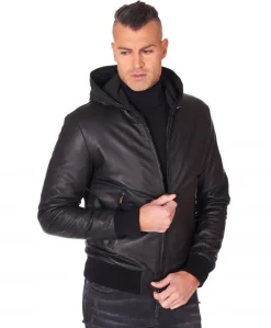 Uomo D'Arienzo Biancolino - Giubbotto Bomber in pelle nera con cappuccio effetto liscio