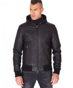 Uomo D'Arienzo Biancolino - Giubbotto Bomber in pelle nera con cappuccio effetto liscio