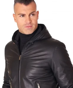 Uomo D'Arienzo Biancolino - Giubbotto Bomber in pelle nera con cappuccio effetto liscio