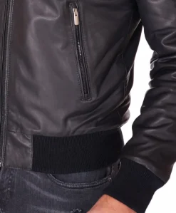Uomo D'Arienzo Biancolino - Giubbotto Bomber in pelle nera con cappuccio effetto liscio