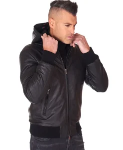 Uomo D'Arienzo Biancolino - Giubbotto Bomber in pelle nera con cappuccio effetto liscio