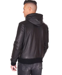 Uomo D'Arienzo Biancolino - Giubbotto Bomber in pelle nera con cappuccio effetto liscio