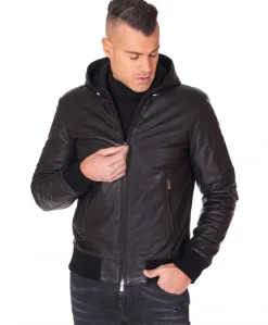 Uomo D'Arienzo Biancolino - Giubbotto Bomber in pelle nera con cappuccio effetto liscio