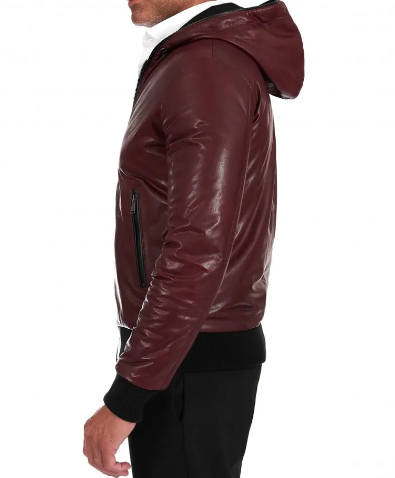 Uomo D'Arienzo Biancolino - Giubbotto Bomber in pelle vintage vinaccio con cappuccio