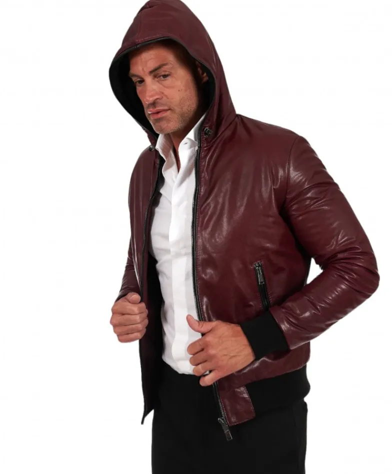 Uomo D'Arienzo Biancolino - Giubbotto Bomber in pelle vintage vinaccio con cappuccio