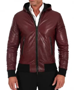 Uomo D'Arienzo Biancolino - Giubbotto Bomber in pelle vintage vinaccio con cappuccio