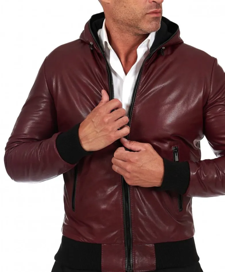 Uomo D'Arienzo Biancolino - Giubbotto Bomber in pelle vintage vinaccio con cappuccio