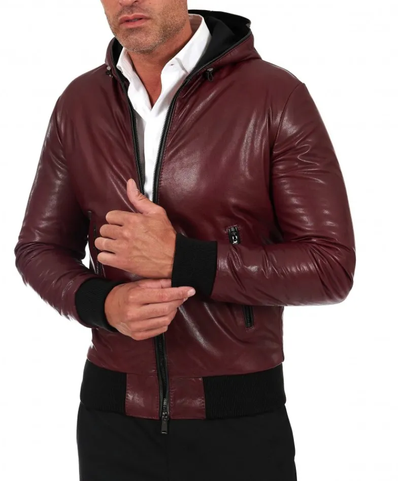 Uomo D'Arienzo Biancolino - Giubbotto Bomber in pelle vintage vinaccio con cappuccio
