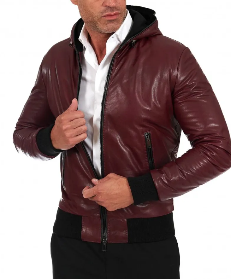 Uomo D'Arienzo Biancolino - Giubbotto Bomber in pelle vintage vinaccio con cappuccio