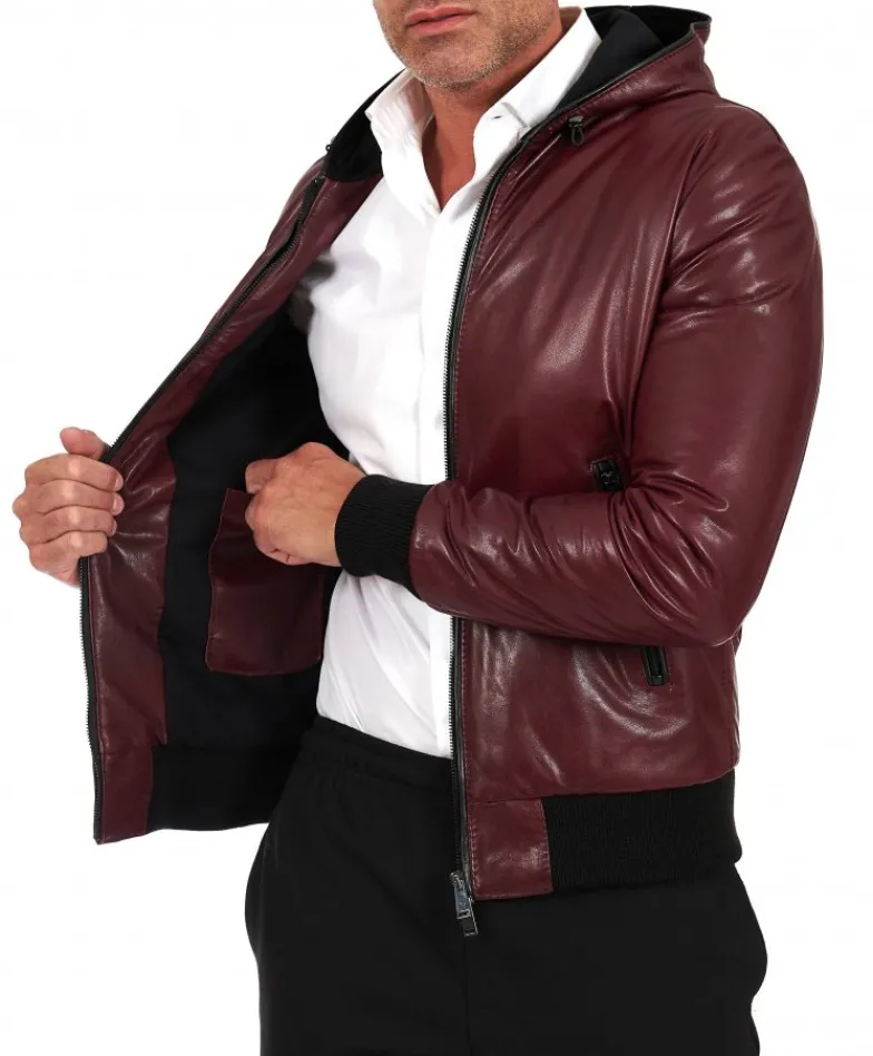 Uomo D'Arienzo Biancolino - Giubbotto Bomber in pelle vintage vinaccio con cappuccio