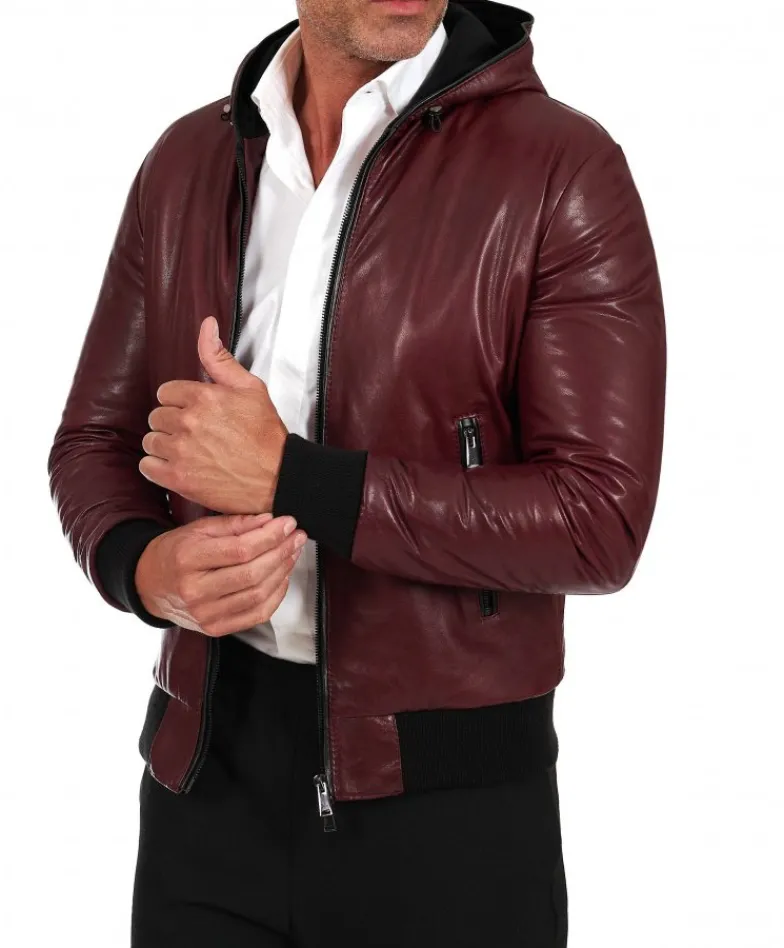 Uomo D'Arienzo Biancolino - Giubbotto Bomber in pelle vintage vinaccio con cappuccio