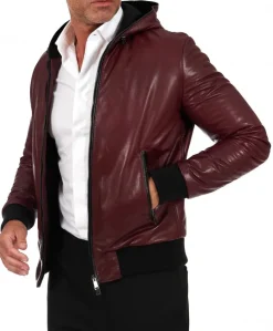 Uomo D'Arienzo Biancolino - Giubbotto Bomber in pelle vintage vinaccio con cappuccio