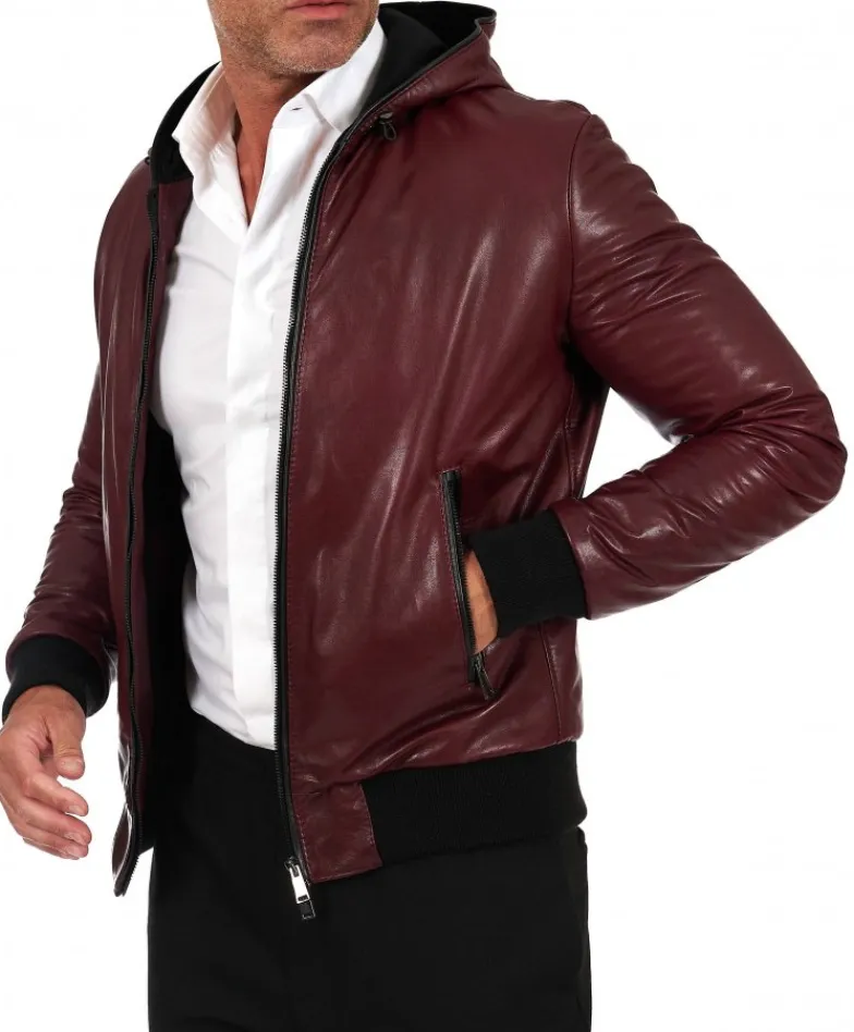 Uomo D'Arienzo Biancolino - Giubbotto Bomber in pelle vintage vinaccio con cappuccio