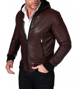 Uomo D'Arienzo Biancolino - Giubbotto Bomber in pelle naturale vinaccio con cappuccio