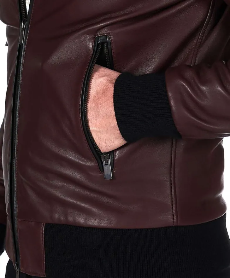 Uomo D'Arienzo Biancolino - Giubbotto Bomber in pelle naturale vinaccio con cappuccio