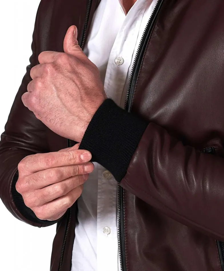Uomo D'Arienzo Biancolino - Giubbotto Bomber in pelle naturale vinaccio con cappuccio