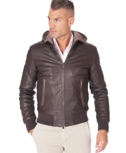 Uomo D'Arienzo Biancolino - Giubbotto bomber in pelle testa di moro con cappuccio