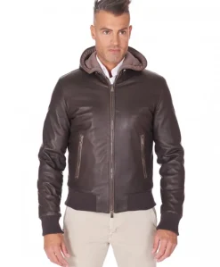 Uomo D'Arienzo Biancolino - Giubbotto bomber in pelle testa di moro con cappuccio