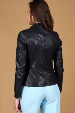 Donna D'Arienzo Blazer - Giacca blazer in pelle blu due bottoni nappa effetto liscio