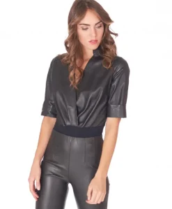 Donna D'Arienzo Body - Body in pelle nera e tessuto elastico