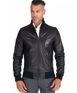Uomo D'Arienzo Bomber - Bomber in pelle nera nappa effetto liscio