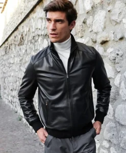 Uomo D'Arienzo Bomber - Bomber in pelle nera nappa effetto liscio