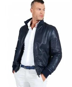 Uomo D'Arienzo Bomber - Giubbotto Bomber in pelle blu nappa effetto liscio