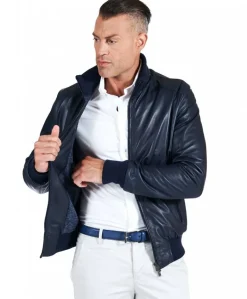 Uomo D'Arienzo Bomber - Giubbotto Bomber in pelle blu nappa effetto liscio